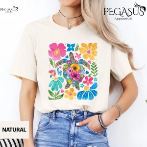 Turtle Shirt, Sea Turtle Floral Boho T-shirt, Beach Summer Ocean Shirt, Graphic Turtle with Flowers Tee, Cute Summer Tee, Summer Trip Shirt