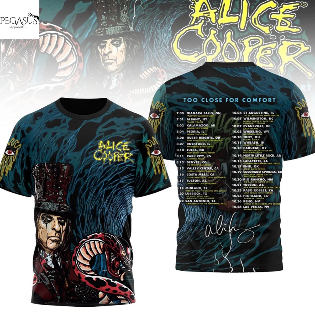 Alice Cooper Too Close For Comfort Tour Signature 3D T-Shirt Alice Cooper Too Close For Comfort Tour Signature 3D T-Shirt