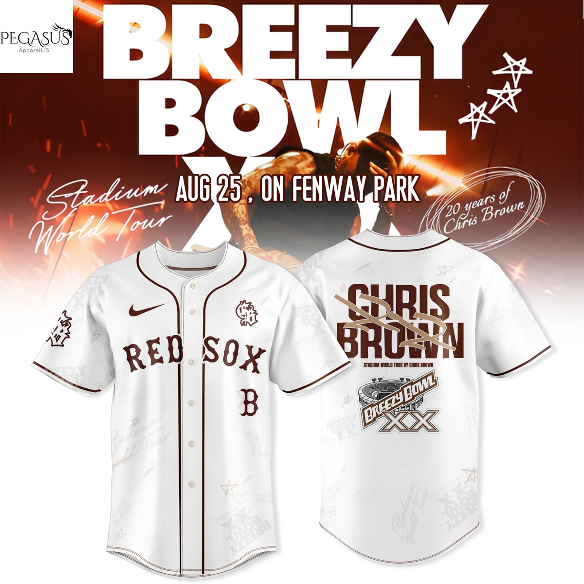 Boston Red Sox x Breezy Bowl XX Tour 2025 Chris Brown Baseball Jersey - White Boston Red Sox x Breezy Bowl XX Tour 2025 Chris Brown Baseball Jersey - White