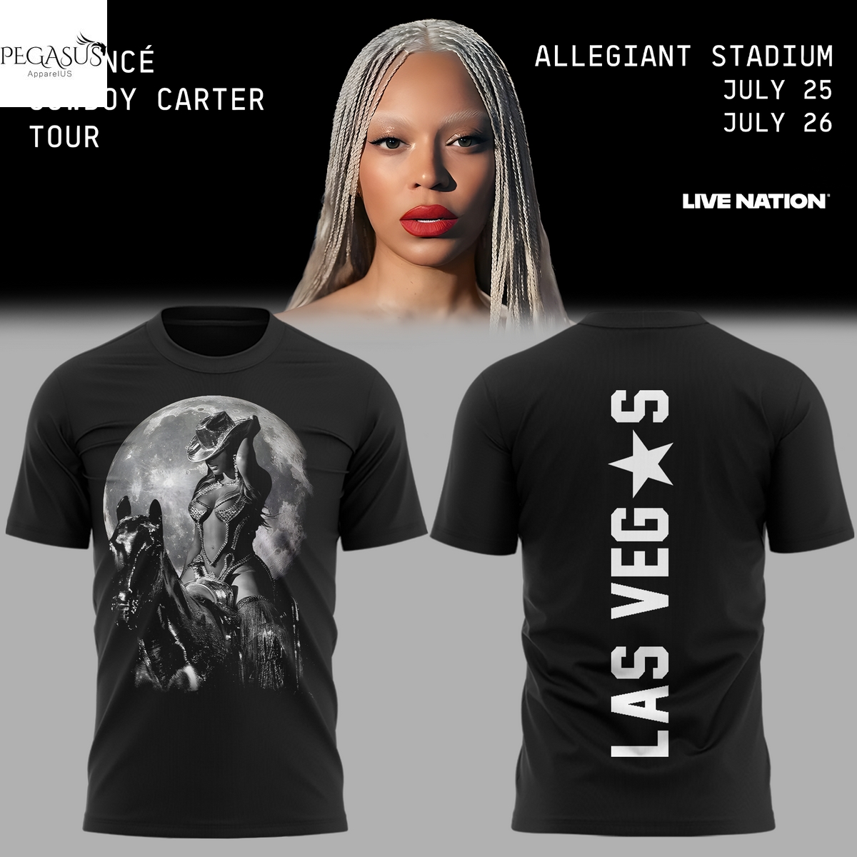 Cowboy Carter Tour Beyonce x Las Vegas 2025 3D T-Shirt - Black Cowboy Carter Tour Beyonce x Las Vegas 2025 3D T-Shirt - Black