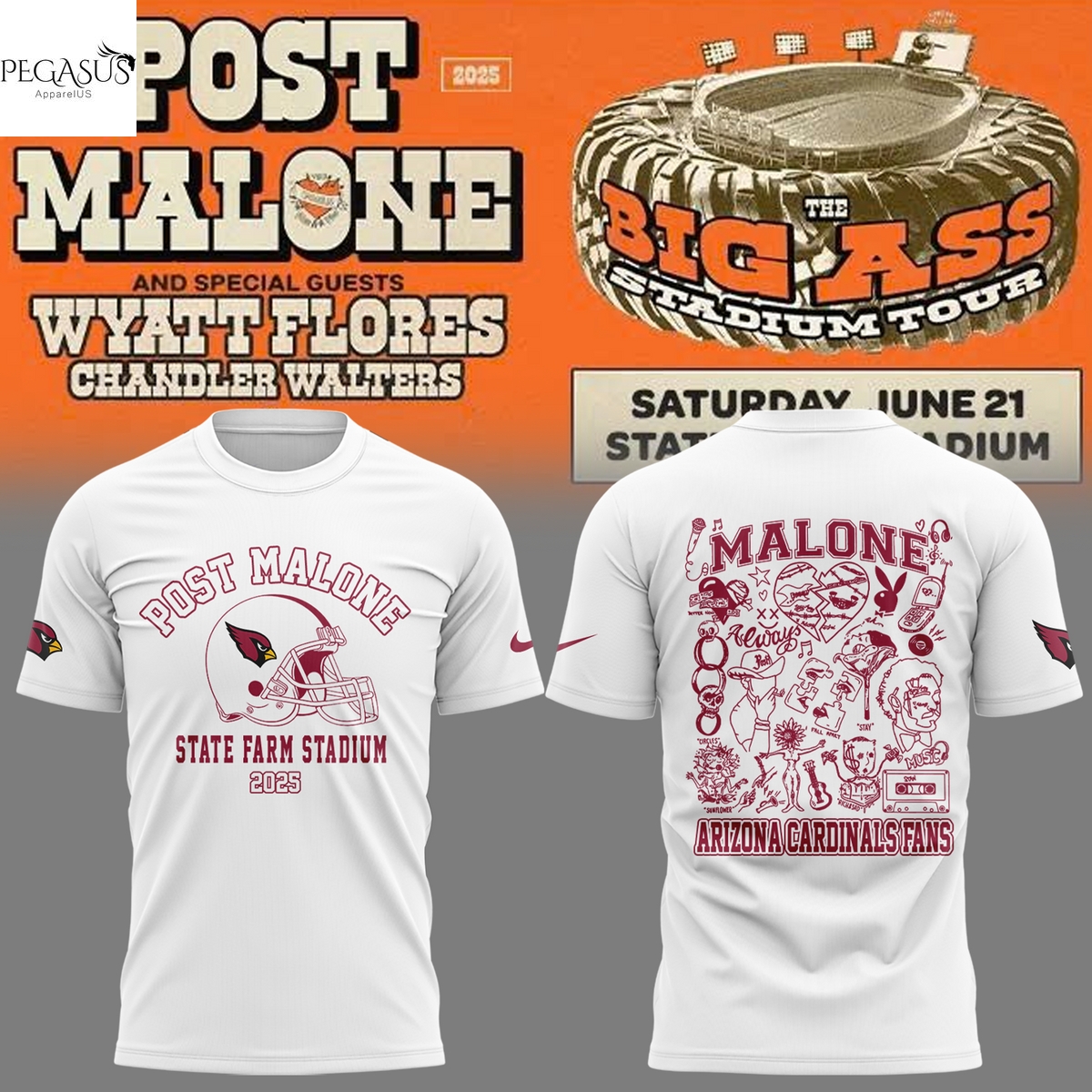 Post Malone x Arizona Cardinals State Farm Stadium 2025 3D T-Shirt - White Post Malone x Arizona Cardinals State Farm Stadium 2025 3D T-Shirt - White