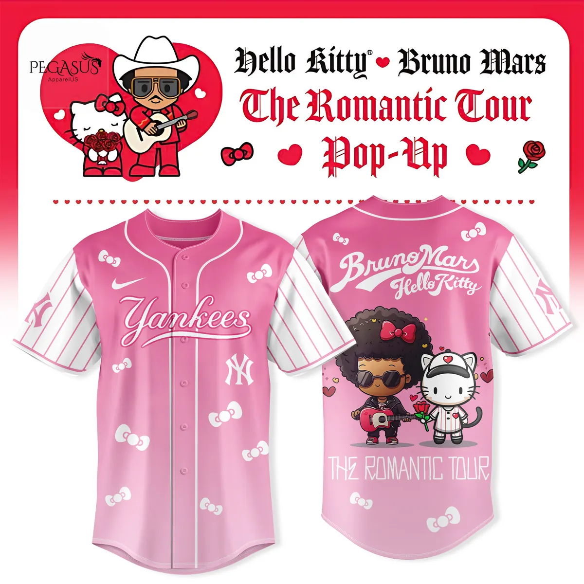 Hello Kitty Bruno Mars The Romantic Tour Pop-Up Pink Yankees Baseball Jersey Hello Kitty Bruno Mars The Romantic Tour Pop-Up Pink Yankees Baseball Jersey